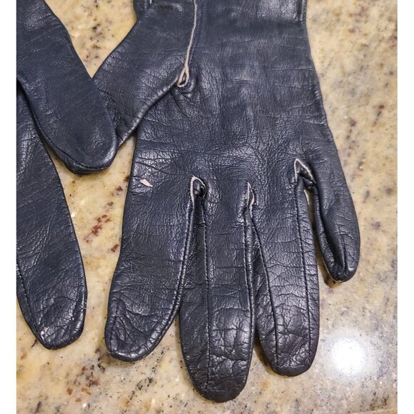 Vintage Size S 6 Black Leather Formal 10" Gloves Stitching Detail Geometric - Picture 8 of 16